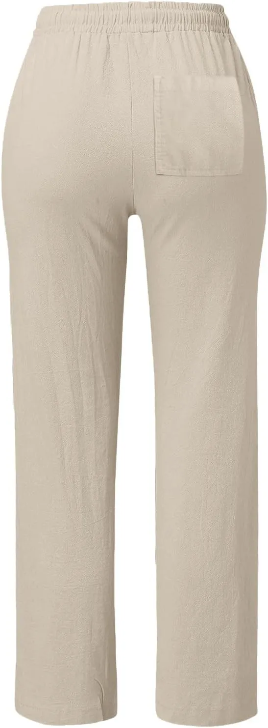 Women's Linen Casual Pants Summer Drawstring Straight Leg Trousers Lightweight Elastic Waist Cotton Pant with Pockets
