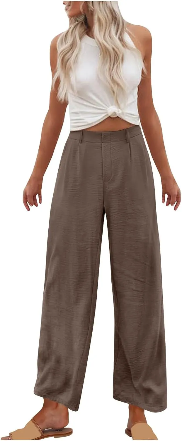 Womens Linen Palazzo Pants 2025 Summer Casual Loose Wide Leg Pants High Waist Flowy Fit Trousers Beach Travel Outfits