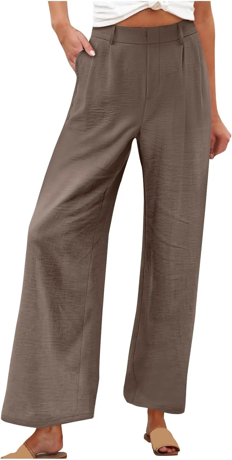 Womens Linen Palazzo Pants 2025 Summer Casual Loose Wide Leg Pants High Waist Flowy Fit Trousers Beach Travel Outfits