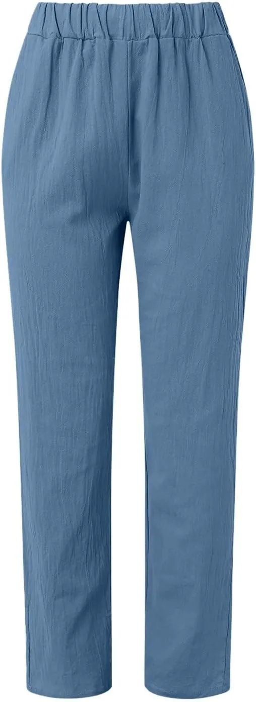 Womens Linen Pants with Pockets Straight Leg Loose Elastic High Waist Trousers Summer Casual Beach Pant Office Slacks
