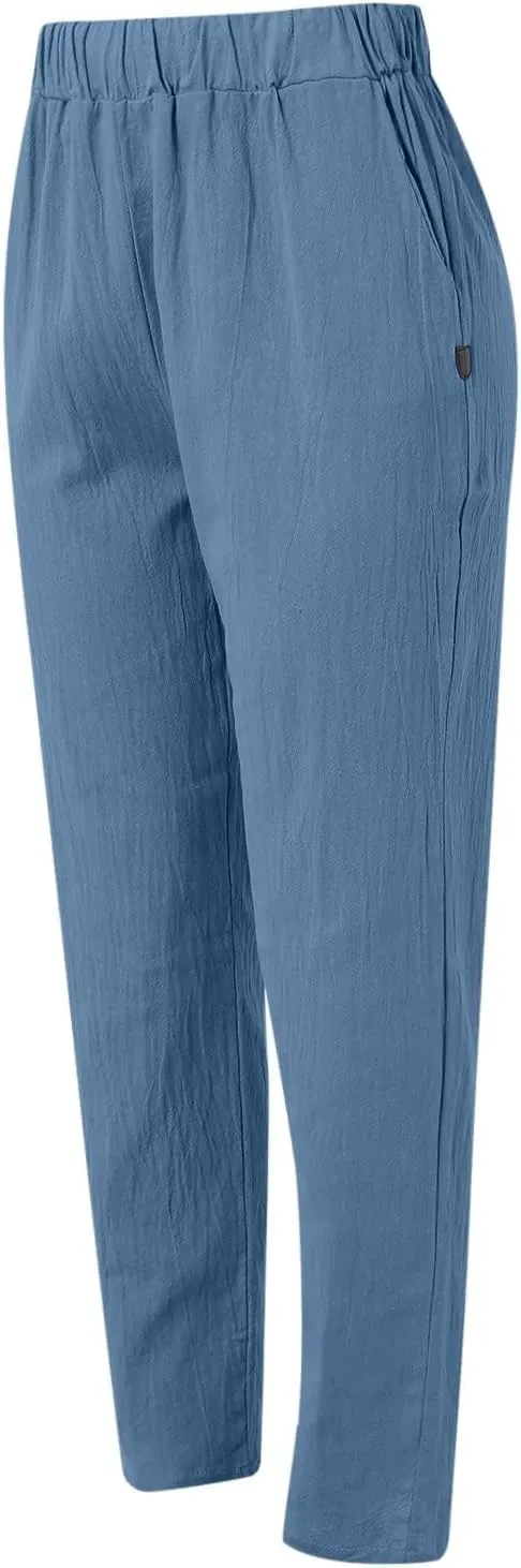 Womens Linen Pants with Pockets Straight Leg Loose Elastic High Waist Trousers Summer Casual Beach Pant Office Slacks