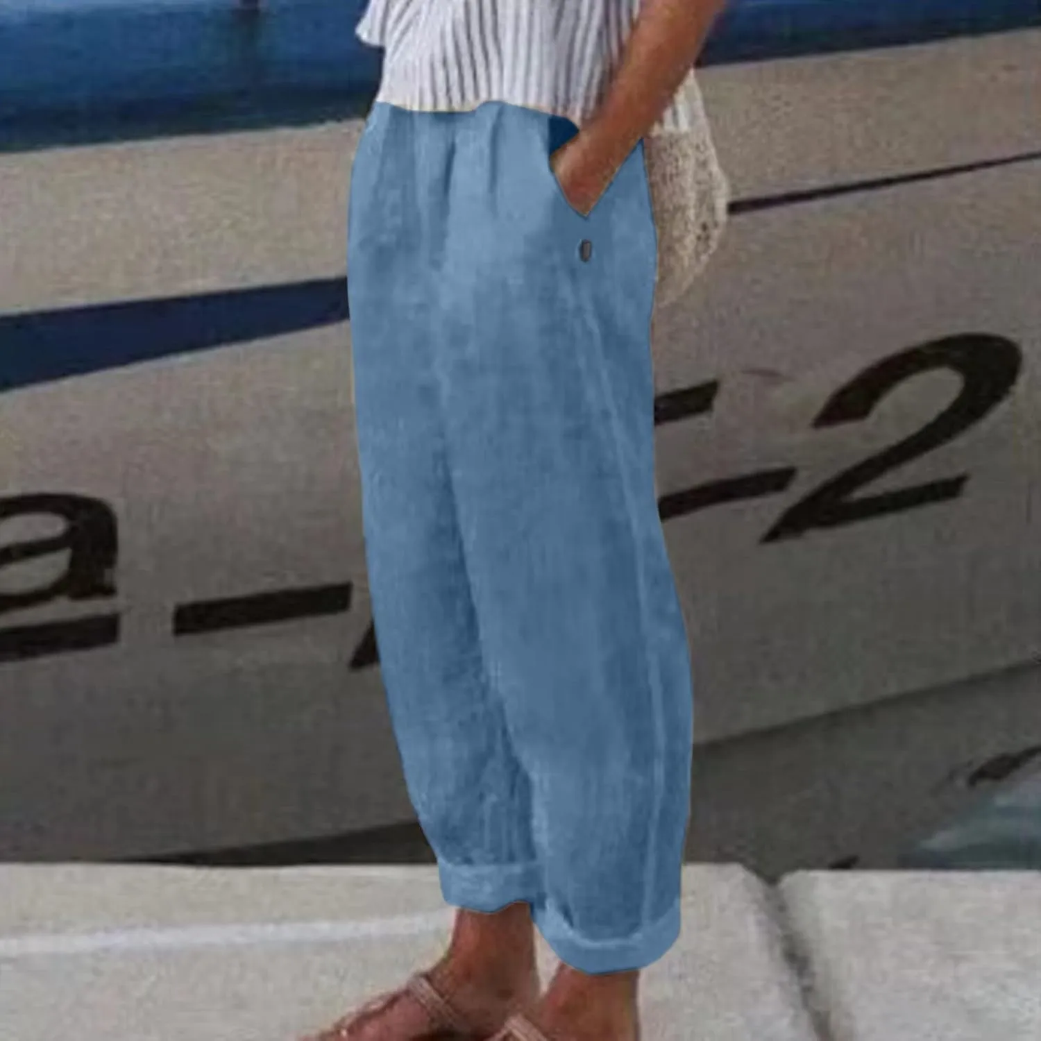 Womens Linen Pants with Pockets Straight Leg Loose Elastic High Waist Trousers Summer Casual Beach Pant Office Slacks