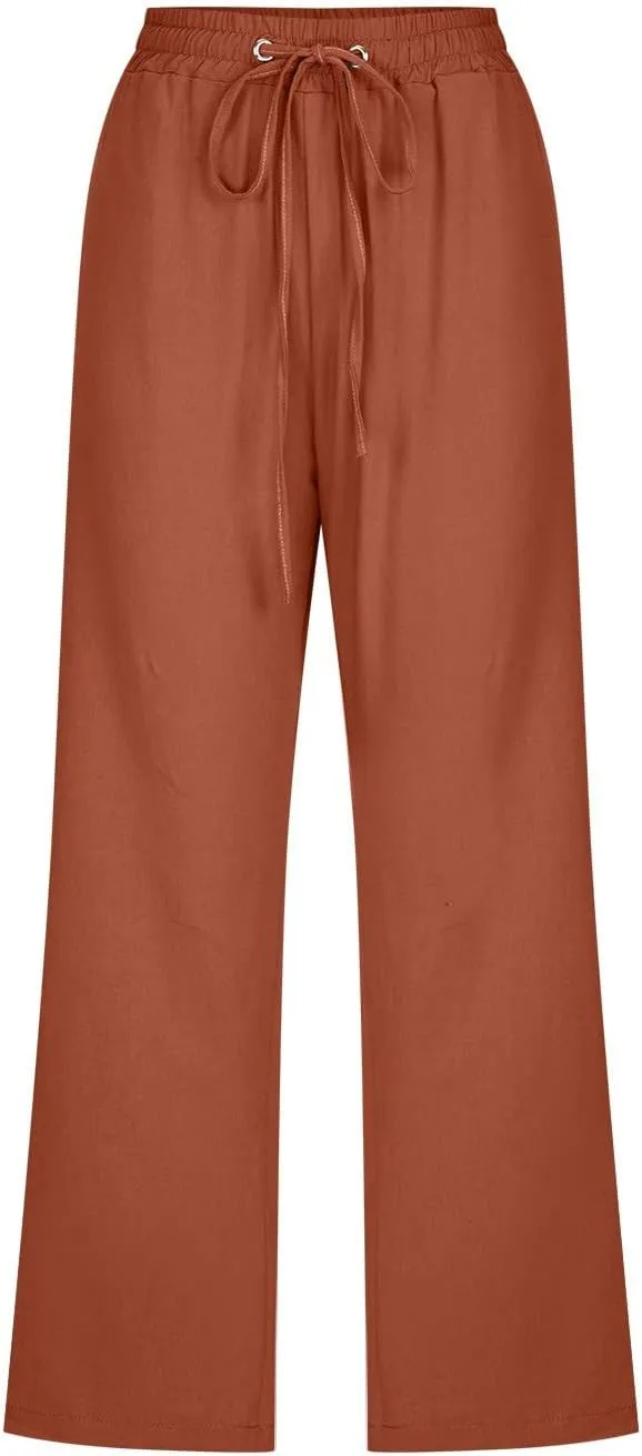 Women's Linen Summer Drawstring Palazzo Pants Low Waist Baggy Stretchy Slim Fit Pant Trousers Business Work