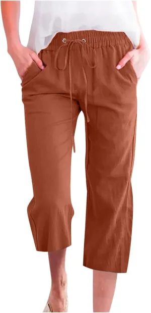 Women's Linen Summer Drawstring Palazzo Pants Low Waist Baggy Stretchy Slim Fit Pant Trousers Business Work