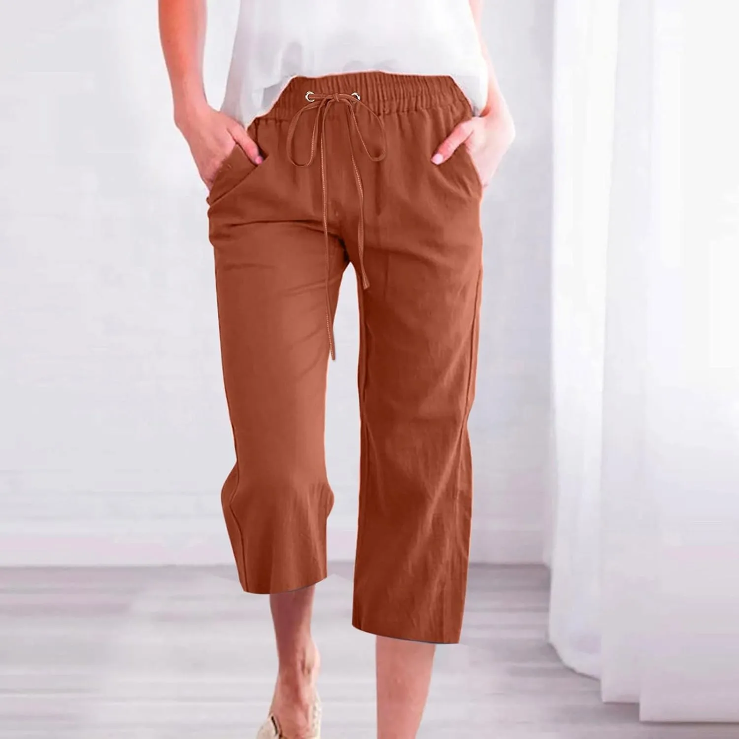 Women's Linen Summer Drawstring Palazzo Pants Low Waist Baggy Stretchy Slim Fit Pant Trousers Business Work