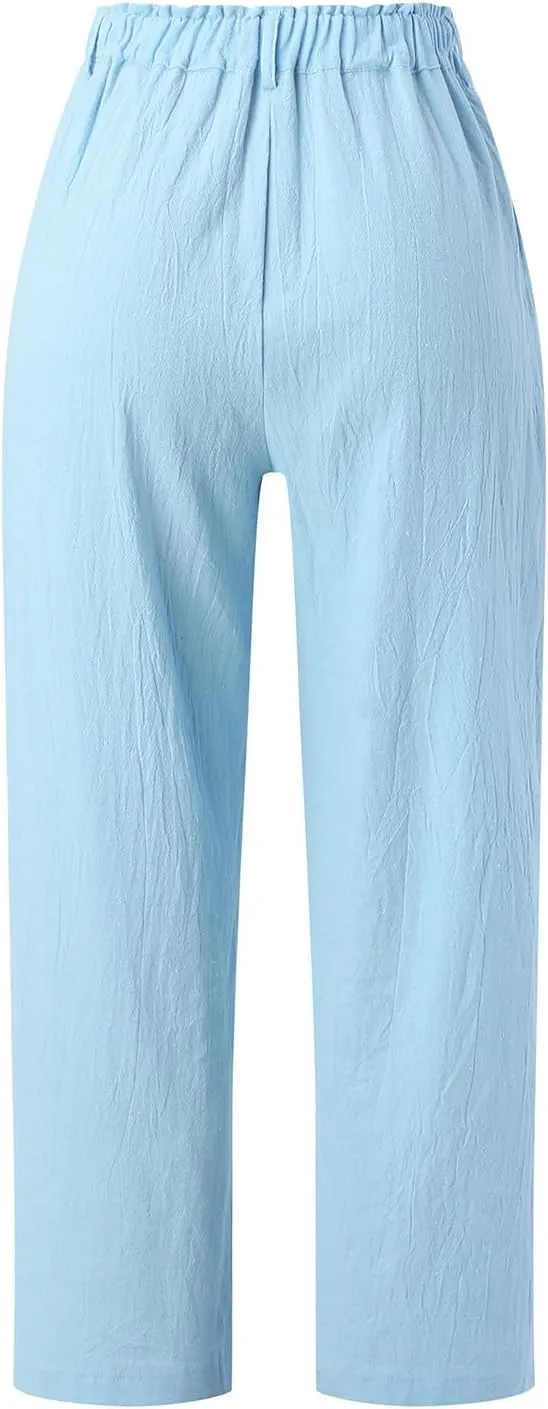 Women's Linen Summer Tie Knot Palazzo Lounge Pants High Waist Long Lounge Plus Size Palazzo Pants Office