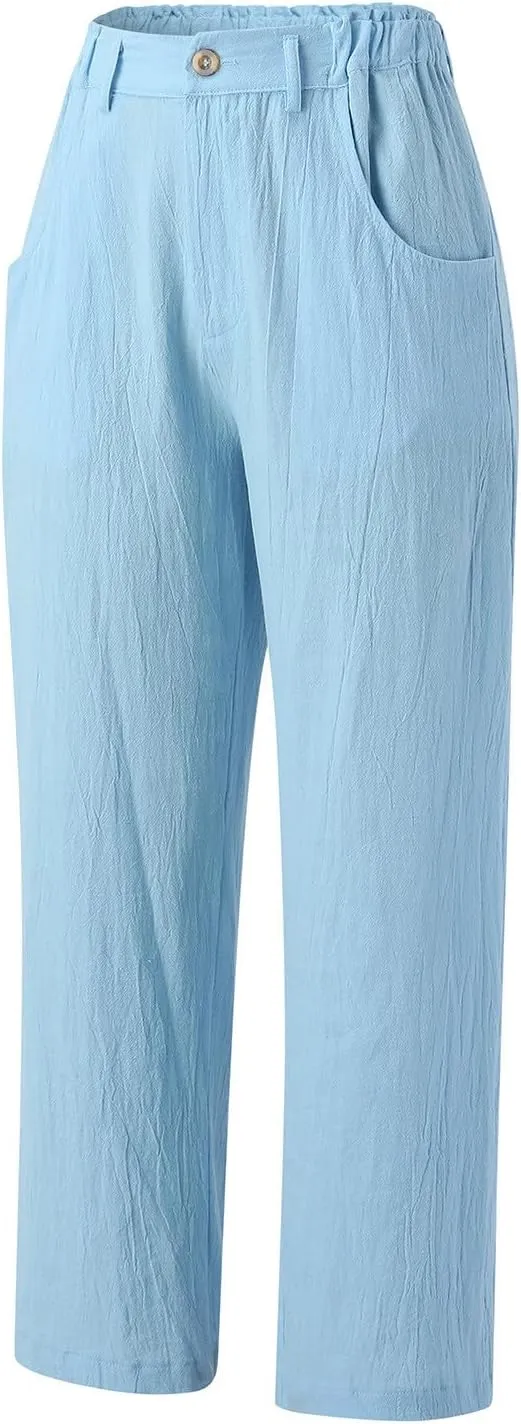 Women's Linen Summer Tie Knot Palazzo Lounge Pants High Waist Long Lounge Plus Size Palazzo Pants Office