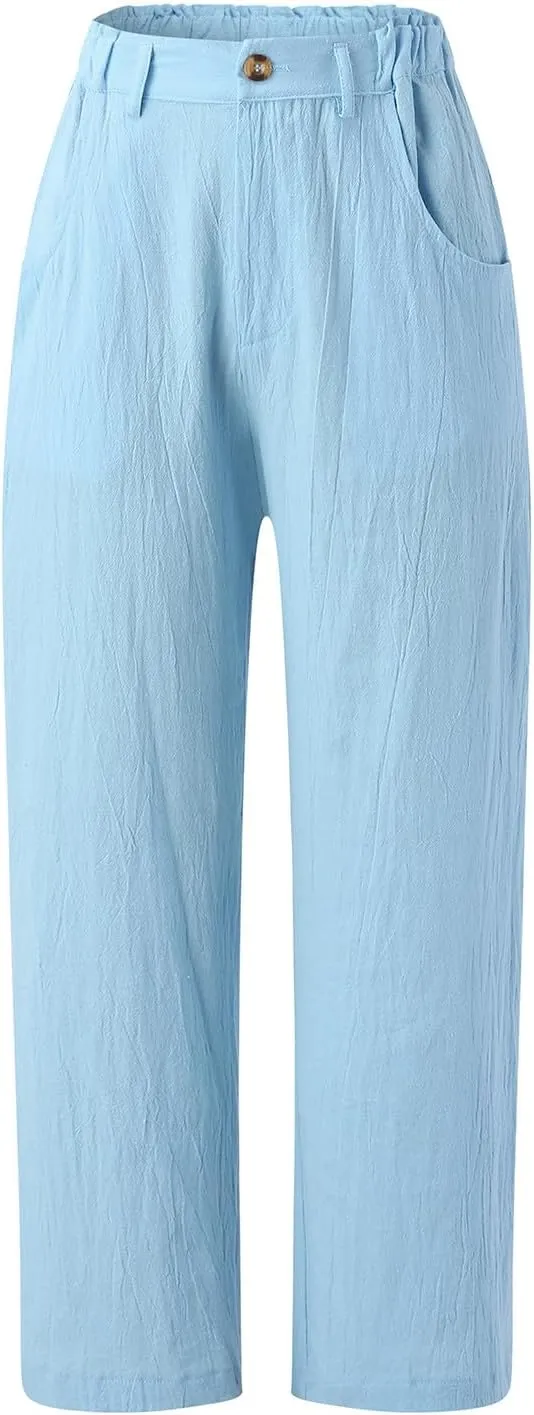 Women's Linen Summer Tie Knot Palazzo Lounge Pants High Waist Long Lounge Plus Size Palazzo Pants Office