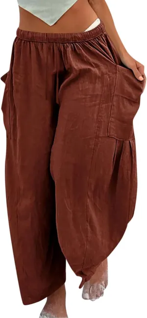 Women's Linen Wide Leg Baggy Pants 2024 Summer Casual Elastic Waisted Drawstring Beach Palazzo Harem Pants Trousers