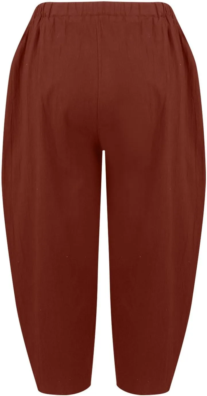 Women's Linen Wide Leg Baggy Pants 2024 Summer Casual Elastic Waisted Drawstring Beach Palazzo Harem Pants Trousers