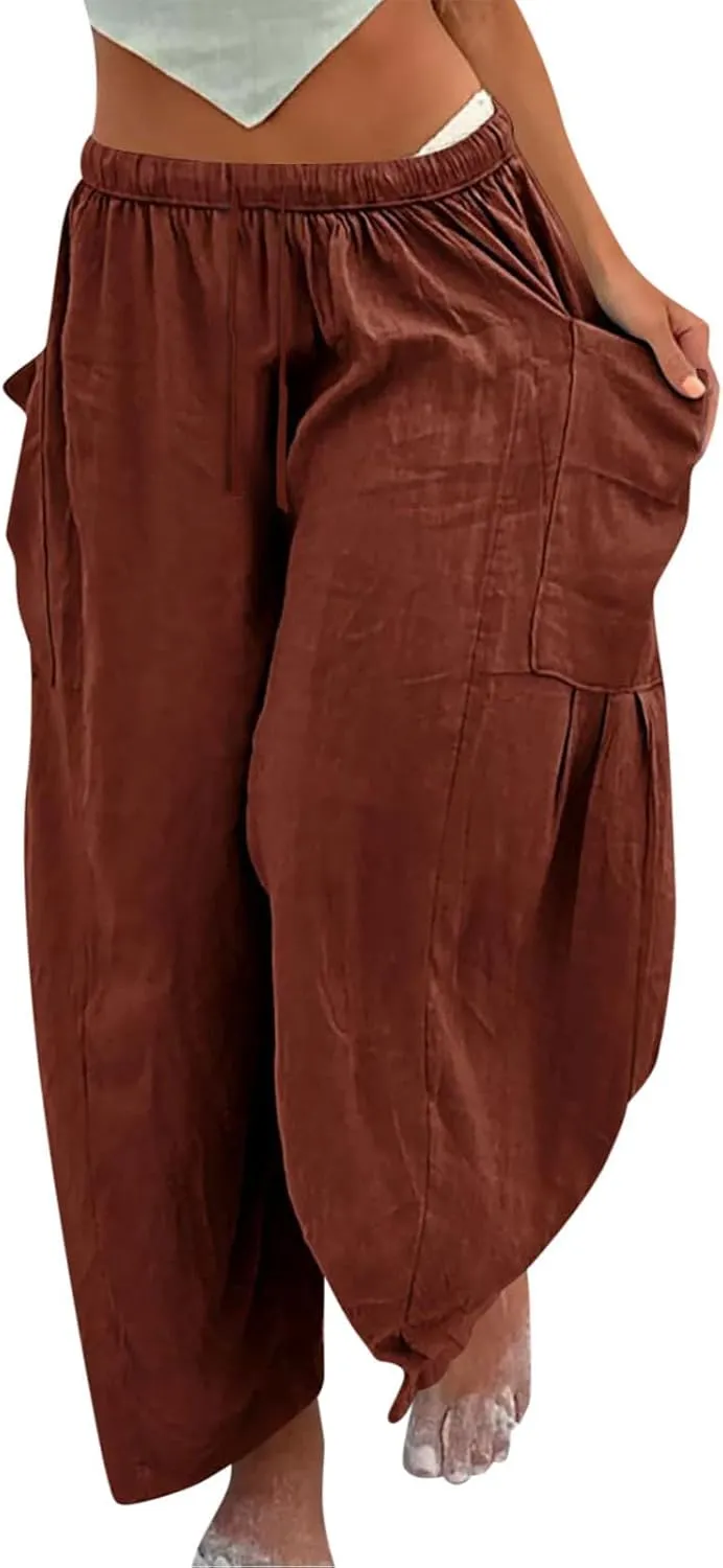 Women's Linen Wide Leg Baggy Pants 2024 Summer Casual Elastic Waisted Drawstring Beach Palazzo Harem Pants Trousers
