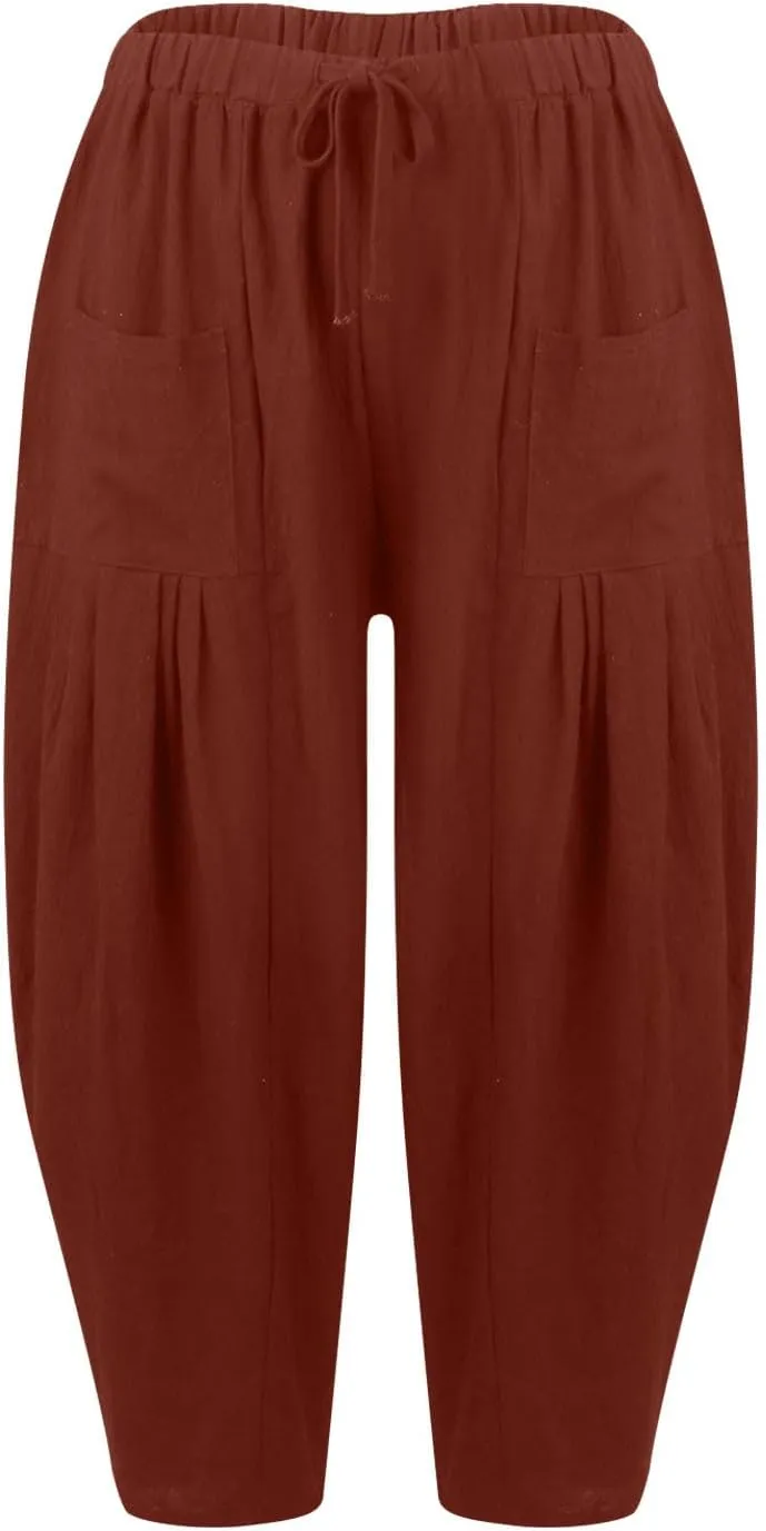 Women's Linen Wide Leg Baggy Pants 2024 Summer Casual Elastic Waisted Drawstring Beach Palazzo Harem Pants Trousers