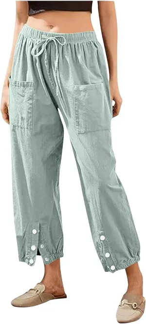 Womens Linen Wide Leg Pants 2025 Summer Trendy Loose Fit Palazzo Pants Elastic Waisted Button Slit Trousers