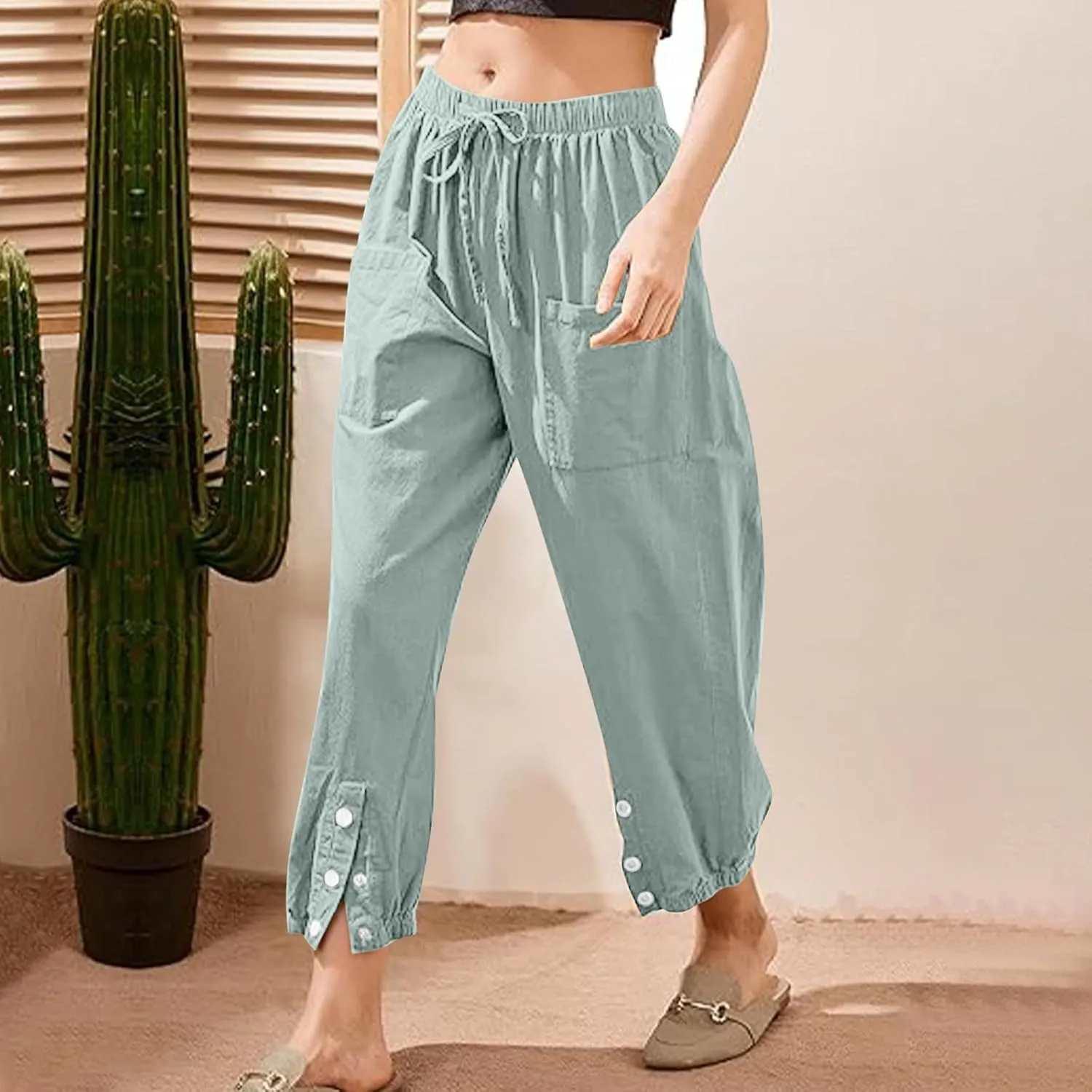 Womens Linen Wide Leg Pants 2025 Summer Trendy Loose Fit Palazzo Pants Elastic Waisted Button Slit Trousers