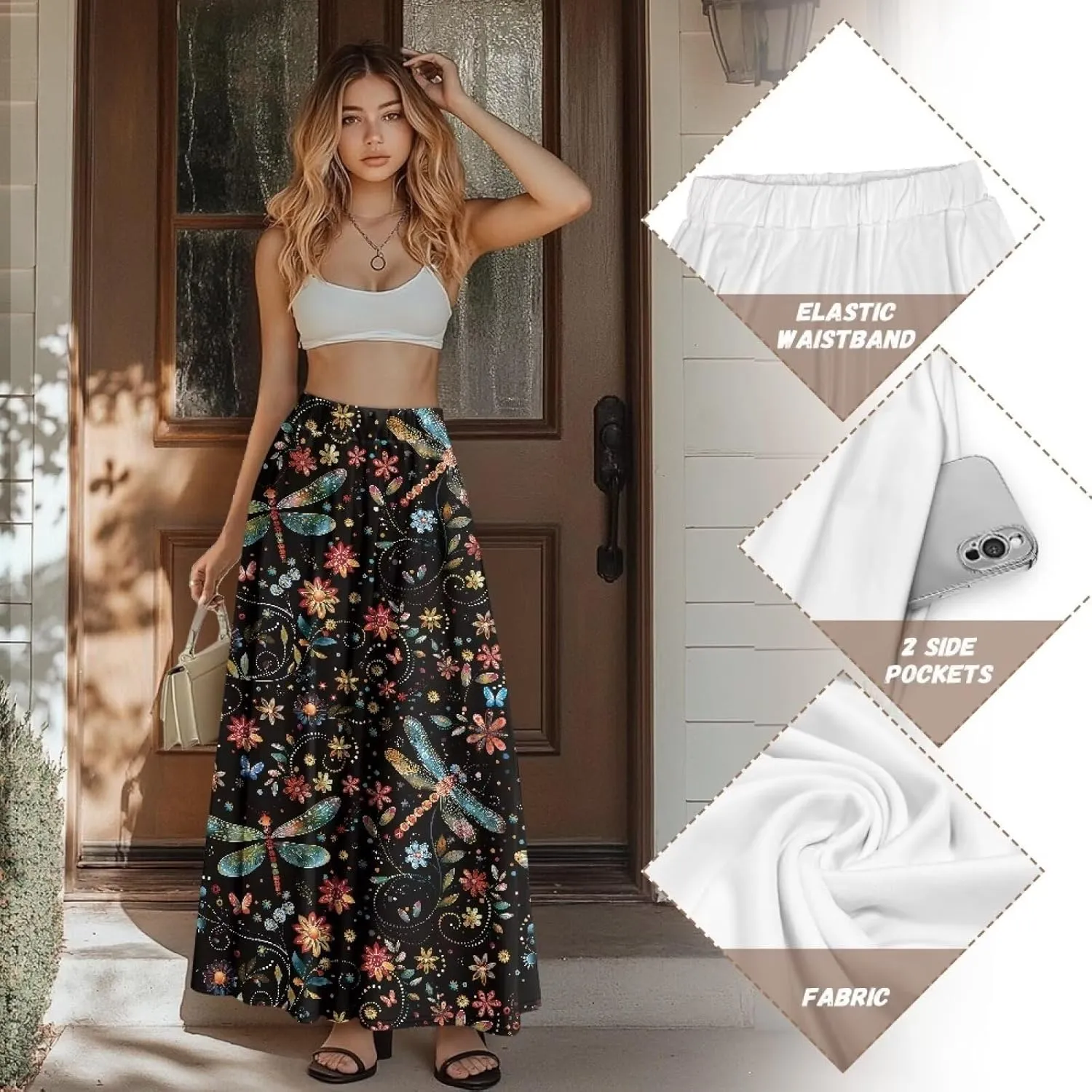 Women's Long Skirts Elastic High Waist A line Maxi Skirt with Pockets Summer Bohemian Printed Skirt Size S-2XL