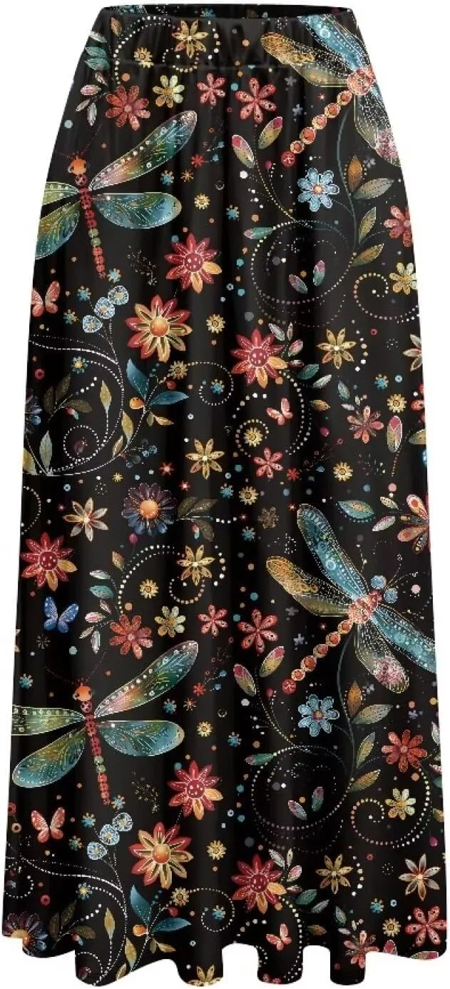 Women's Long Skirts Elastic High Waist A line Maxi Skirt with Pockets Summer Bohemian Printed Skirt Size S-2XL