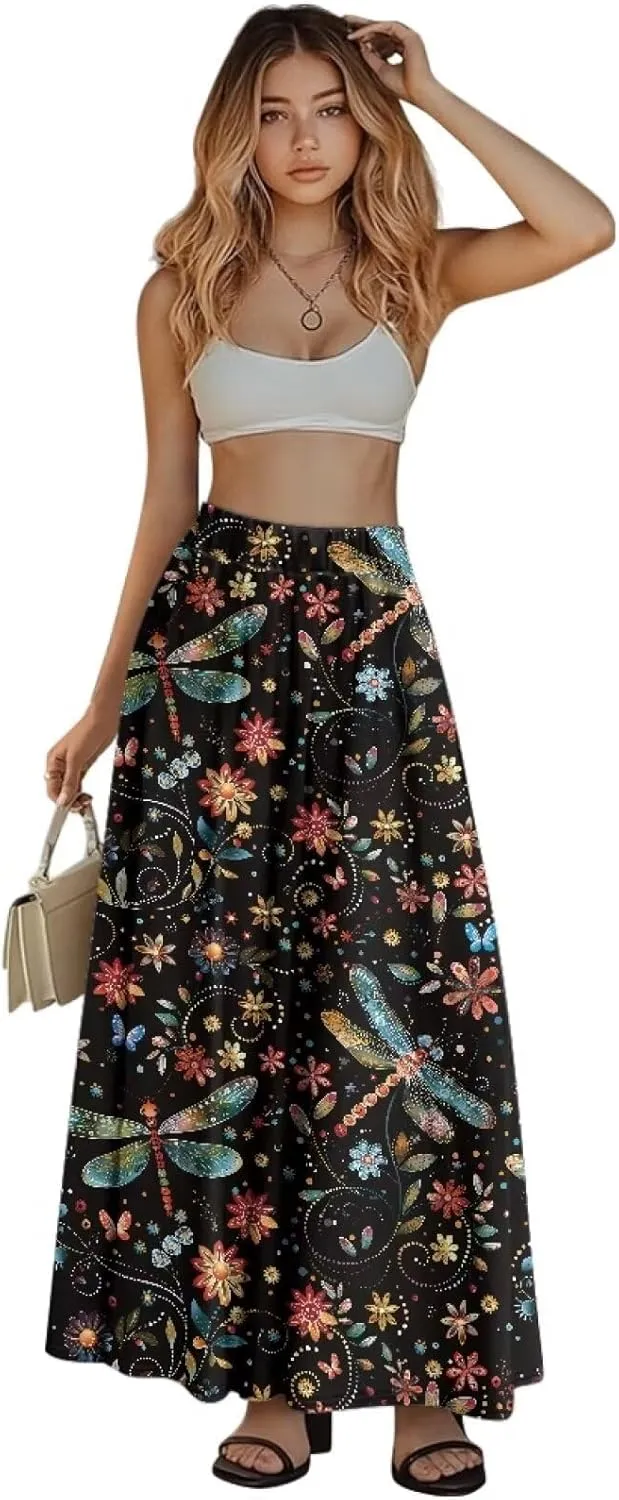 Women's Long Skirts Elastic High Waist A line Maxi Skirt with Pockets Summer Bohemian Printed Skirt Size S-2XL