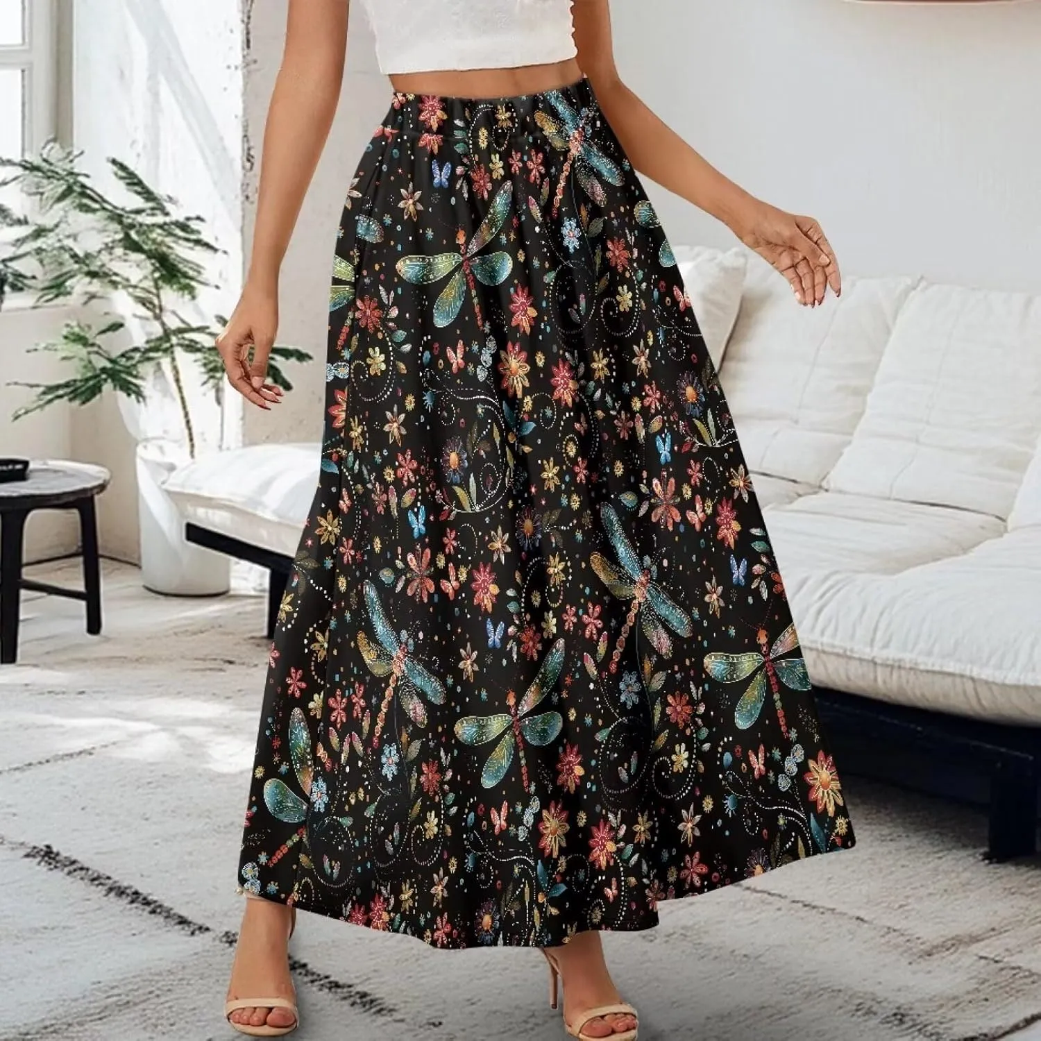 Women's Long Skirts Elastic High Waist A line Maxi Skirt with Pockets Summer Bohemian Printed Skirt Size S-2XL