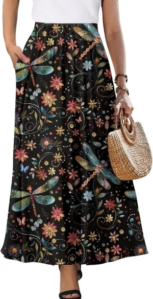 Women's Long Skirts Elastic High Waist A line Maxi Skirt with Pockets Summer Bohemian Printed Skirt Size S-2XL