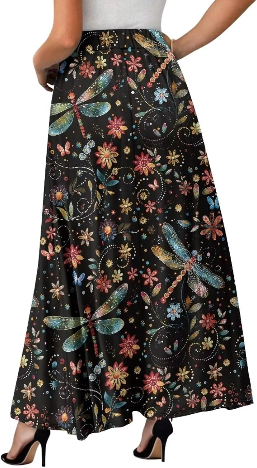 Women's Long Skirts Elastic High Waist A line Maxi Skirt with Pockets Summer Bohemian Printed Skirt Size S-2XL