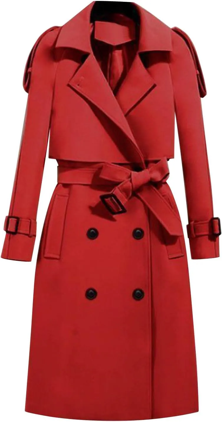 Women's Long Trench Coat Double Breasted Notch Lapel Collar Pea Coat Long Sleeve Fall Winter Overcoat with Belt