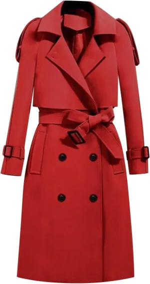 Women's Long Trench Coat Double Breasted Notch Lapel Collar Pea Coat Long Sleeve Fall Winter Overcoat with Belt