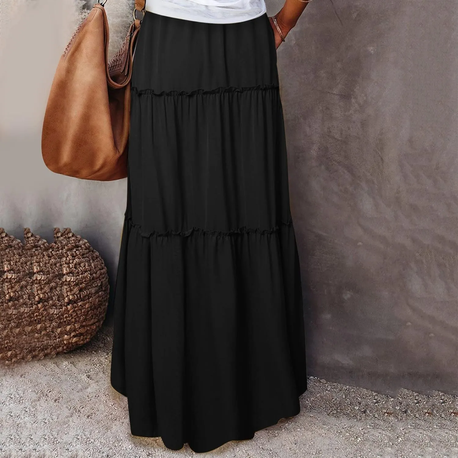 Womens Loose Long High Elastic Waist with Pockets and Belt Maxi Skirt Pleated Skirt Beach Skirt Pocket Pencil