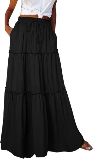Womens Loose Long High Elastic Waist with Pockets and Belt Maxi Skirt Pleated Skirt Beach Skirt Pocket Pencil
