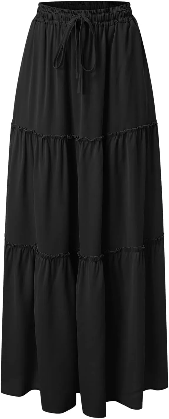 Womens Loose Long High Elastic Waist with Pockets and Belt Maxi Skirt Pleated Skirt Beach Skirt Pocket Pencil