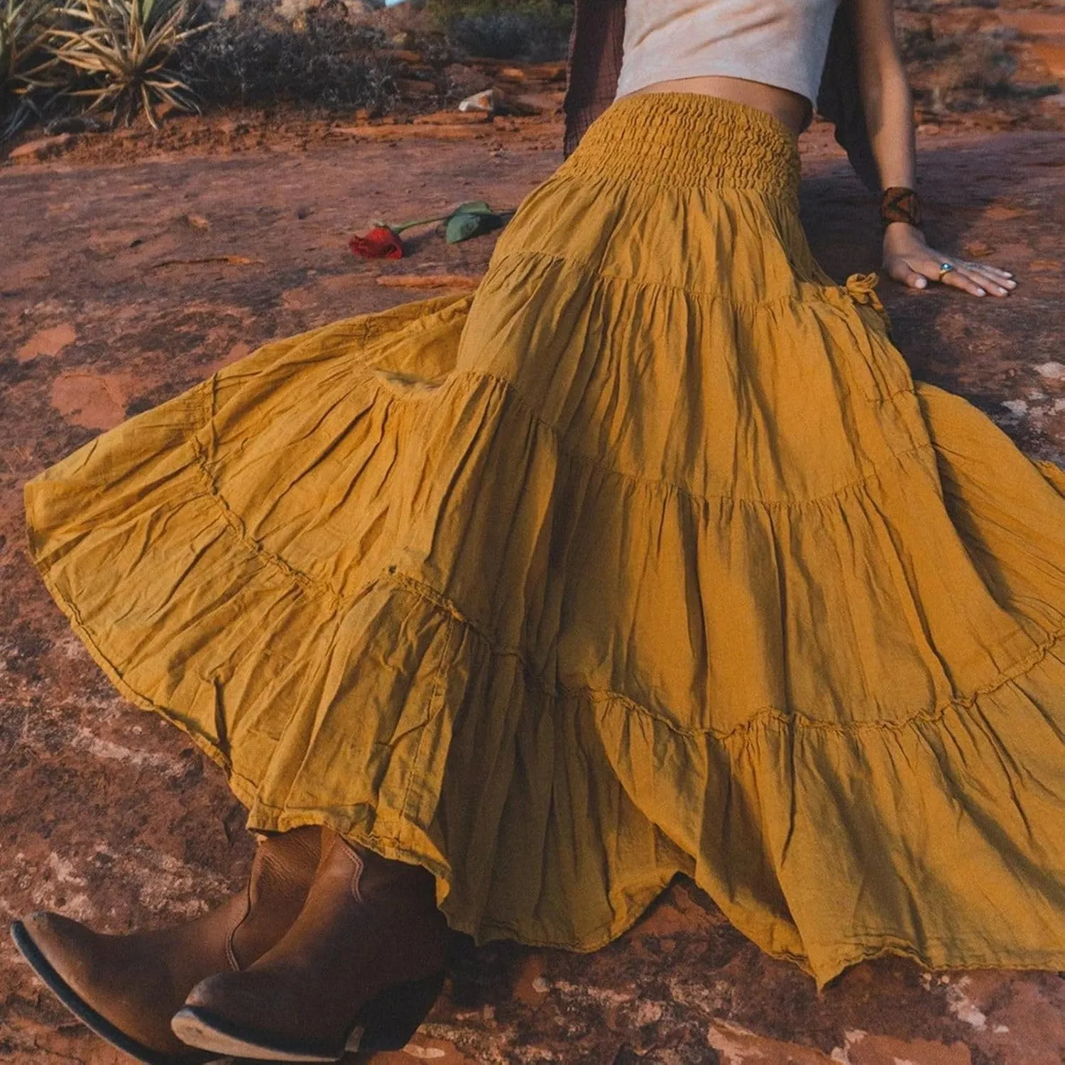 Womens Maxi Boho Skirt Long Pockets Hippie Bohemian Elastic Waist Gypsy Skirt Summer Flowy Pleated Tiered A Line Skirts