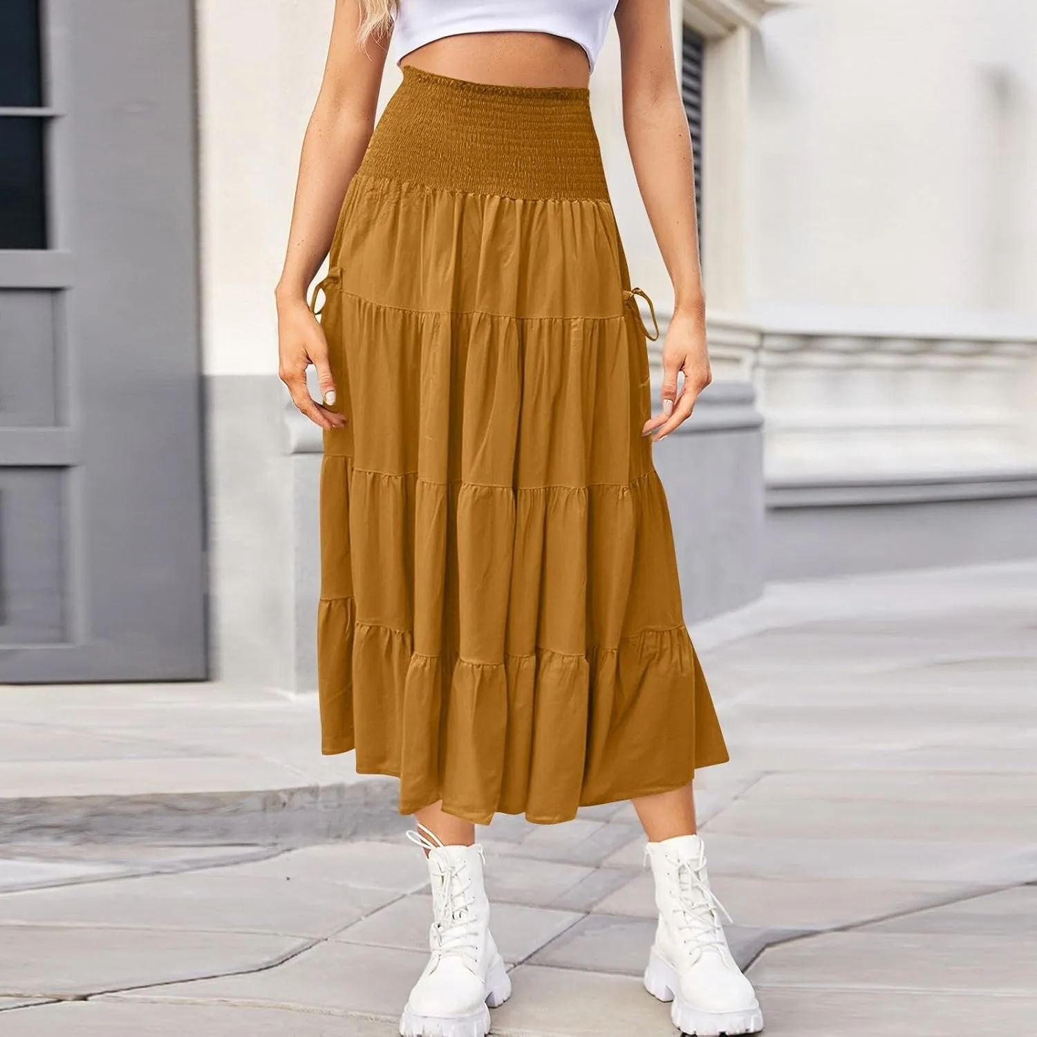 Womens Maxi Boho Skirt Long Pockets Hippie Bohemian Elastic Waist Gypsy Skirt Summer Flowy Pleated Tiered A Line Skirts