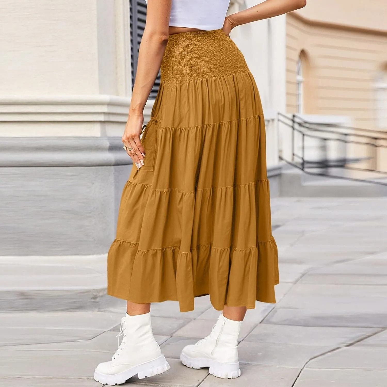 Womens Maxi Boho Skirt Long Pockets Hippie Bohemian Elastic Waist Gypsy Skirt Summer Flowy Pleated Tiered A Line Skirts
