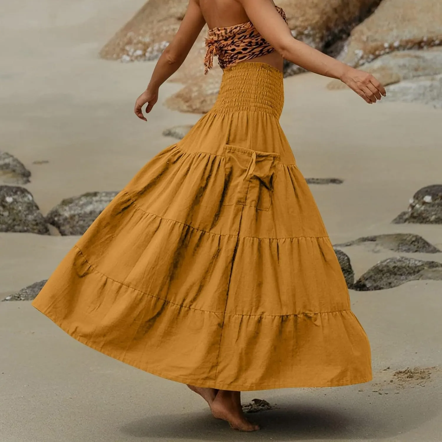 Womens Maxi Boho Skirt Long Pockets Hippie Bohemian Elastic Waist Gypsy Skirt Summer Flowy Pleated Tiered A Line Skirts