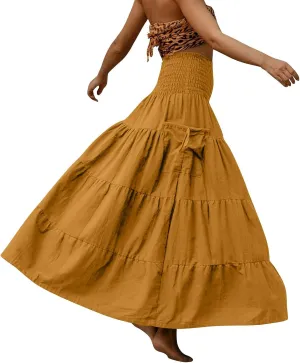 Womens Maxi Boho Skirt Long Pockets Hippie Bohemian Elastic Waist Gypsy Skirt Summer Flowy Pleated Tiered A Line Skirts