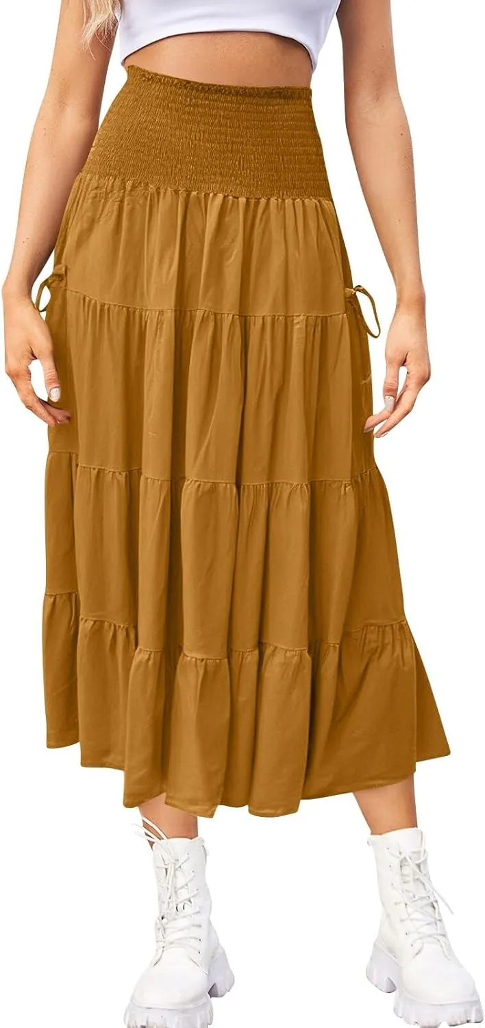 Womens Maxi Boho Skirt Long Pockets Hippie Bohemian Elastic Waist Gypsy Skirt Summer Flowy Pleated Tiered A Line Skirts