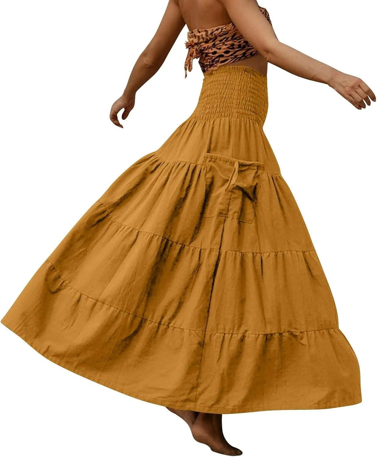 Womens Maxi Boho Skirt Long Pockets Hippie Bohemian Elastic Waist Gypsy Skirt Summer Flowy Pleated Tiered A Line Skirts