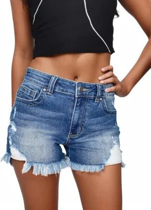 Women's Mid Rise Jean Shorts Stretchy Ripped Distressed Frayed Denim Shorts