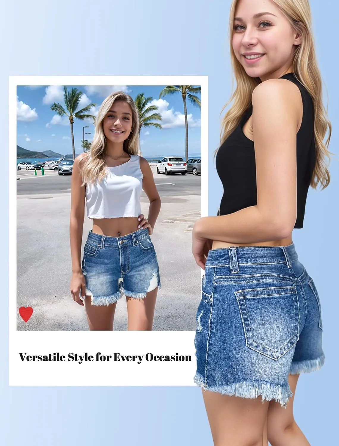 Women's Mid Rise Jean Shorts Stretchy Ripped Distressed Frayed Denim Shorts