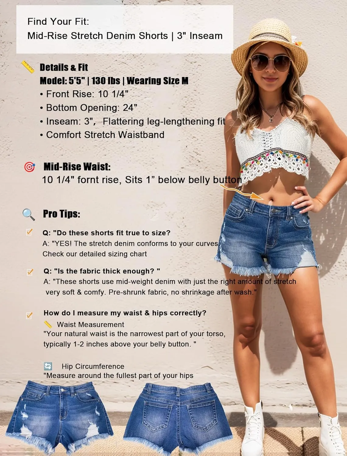 Women's Mid Rise Jean Shorts Stretchy Ripped Distressed Frayed Denim Shorts