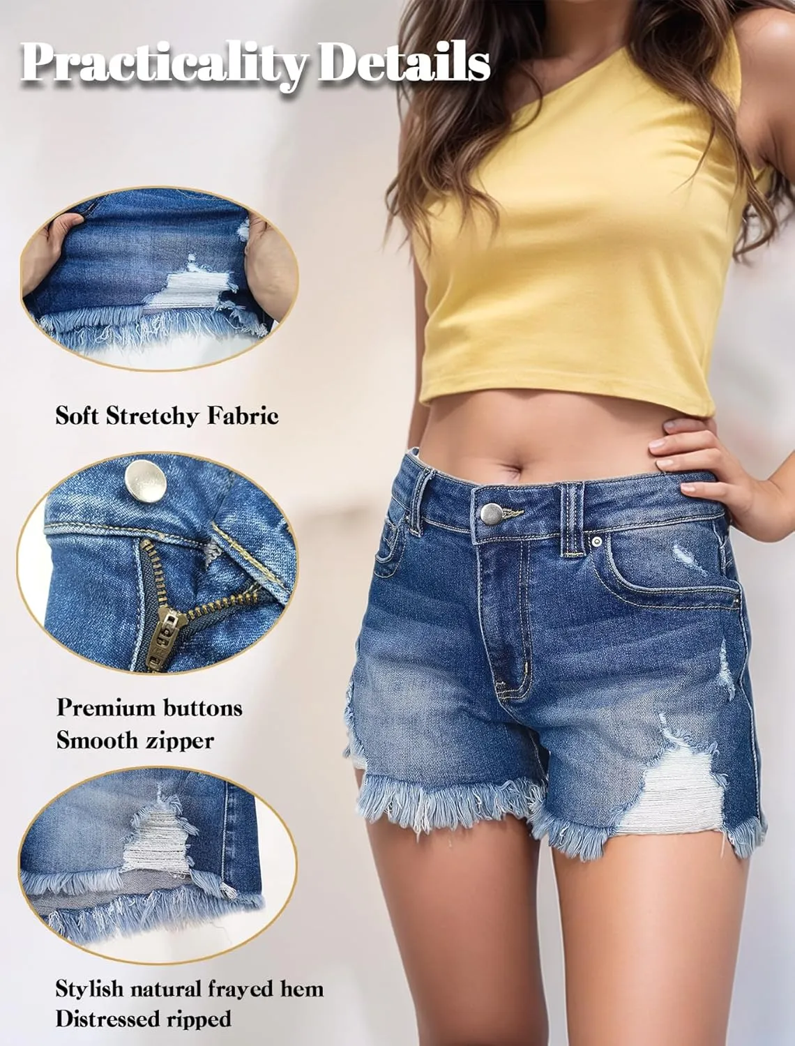 Women's Mid Rise Jean Shorts Stretchy Ripped Distressed Frayed Denim Shorts