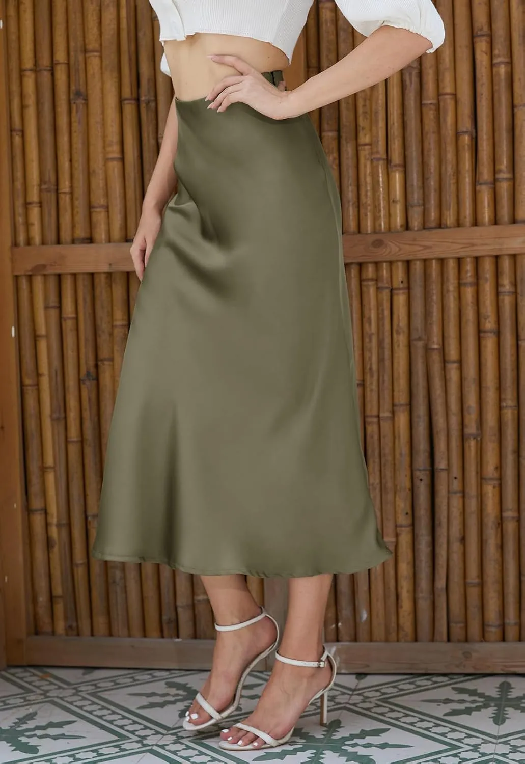 Womens Midi Satin Skirt Side Slit High Elastic Waisted Summer2025 Elegant Solid Skirts for Women