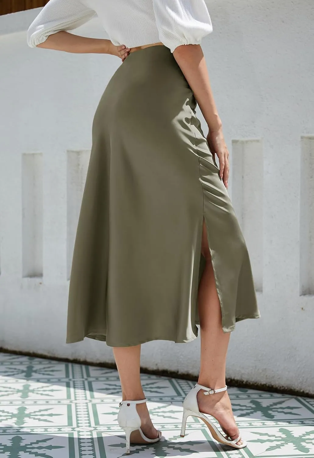 Womens Midi Satin Skirt Side Slit High Elastic Waisted Summer2025 Elegant Solid Skirts for Women