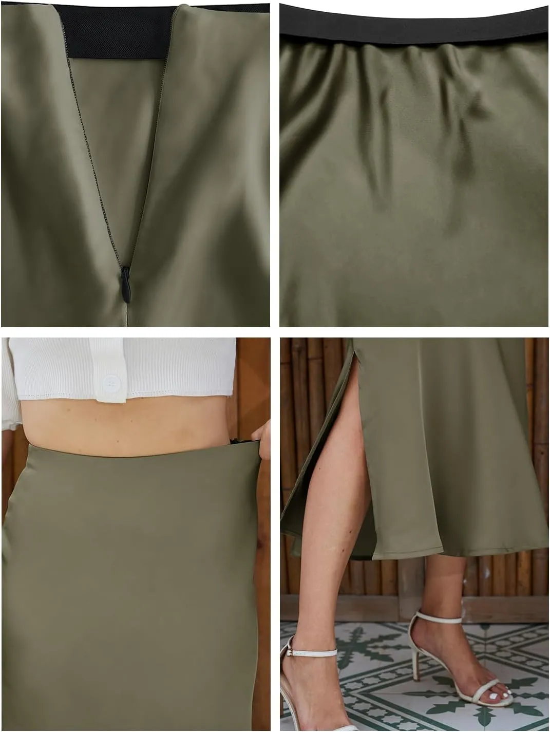 Womens Midi Satin Skirt Side Slit High Elastic Waisted Summer2025 Elegant Solid Skirts for Women