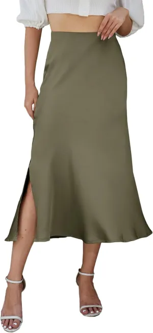 Womens Midi Satin Skirt Side Slit High Elastic Waisted Summer2025 Elegant Solid Skirts for Women