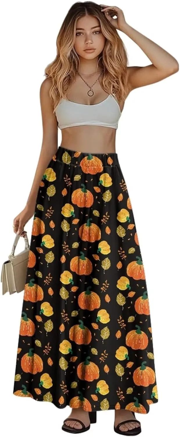 Women's Midi Skirt with Pockets Elastic Waist Flowy Ruffle Casual Summer Boho A-line Skirts Size S-2XL