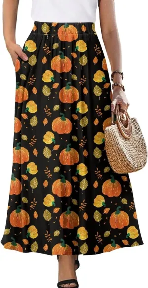 Women's Midi Skirt with Pockets Elastic Waist Flowy Ruffle Casual Summer Boho A-line Skirts Size S-2XL