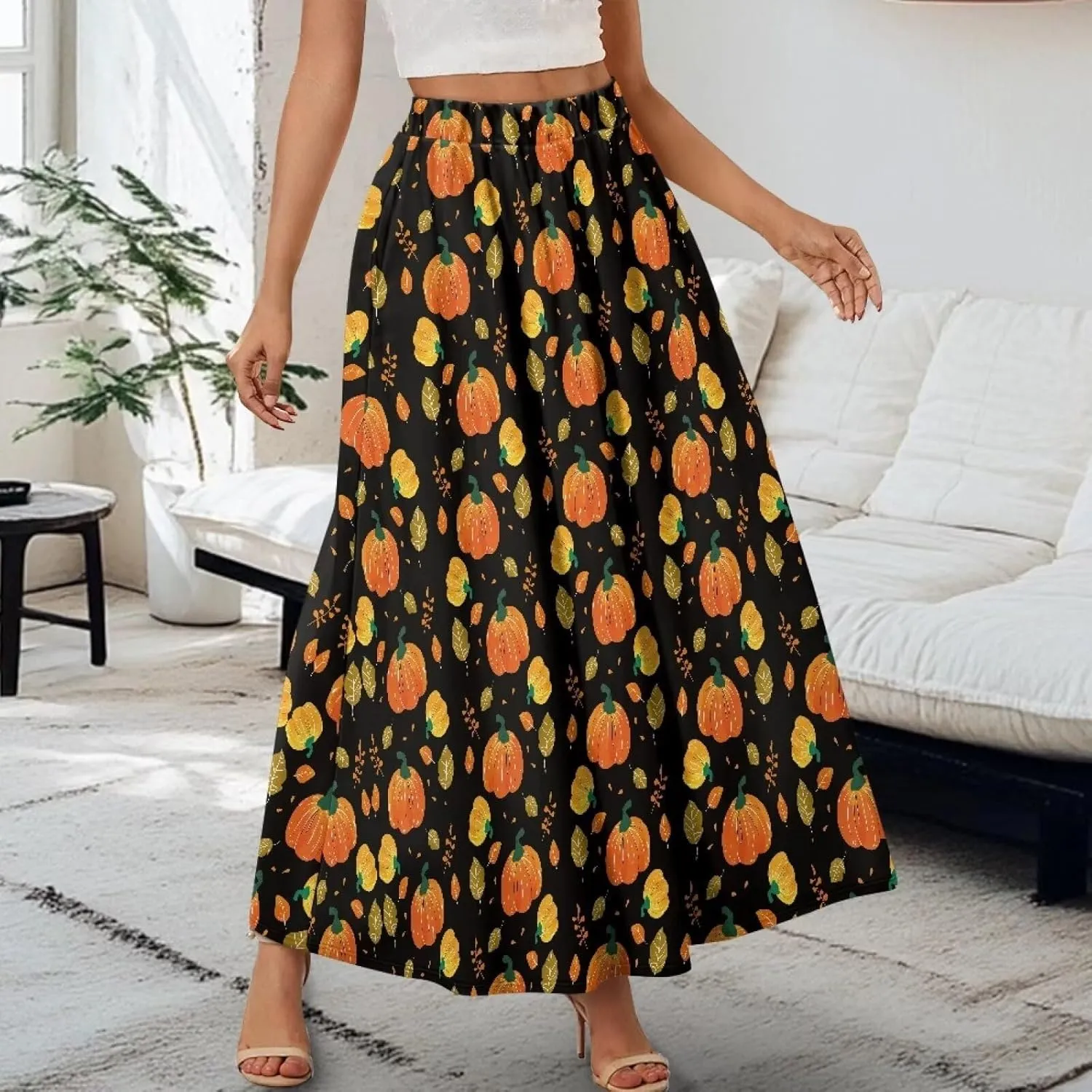 Women's Midi Skirt with Pockets Elastic Waist Flowy Ruffle Casual Summer Boho A-line Skirts Size S-2XL