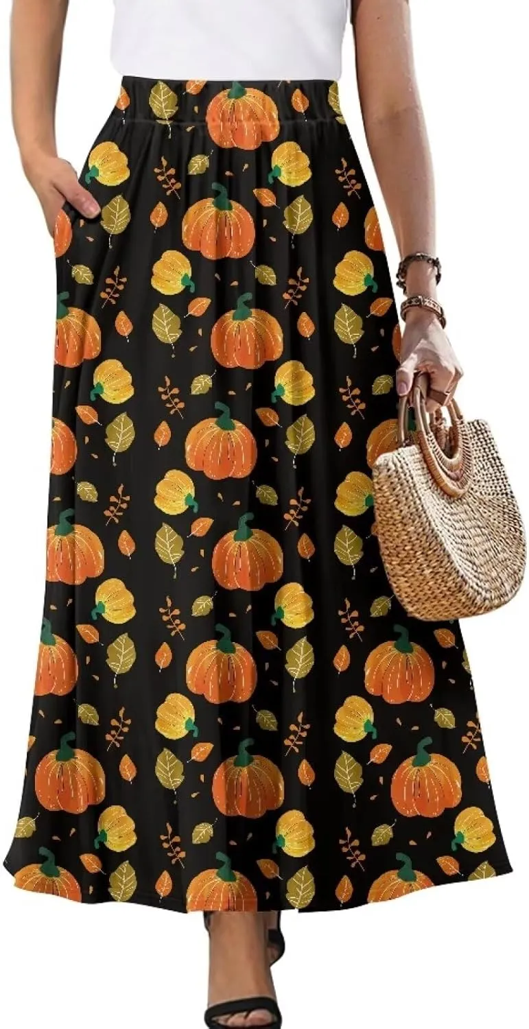 Women's Midi Skirt with Pockets Elastic Waist Flowy Ruffle Casual Summer Boho A-line Skirts Size S-2XL