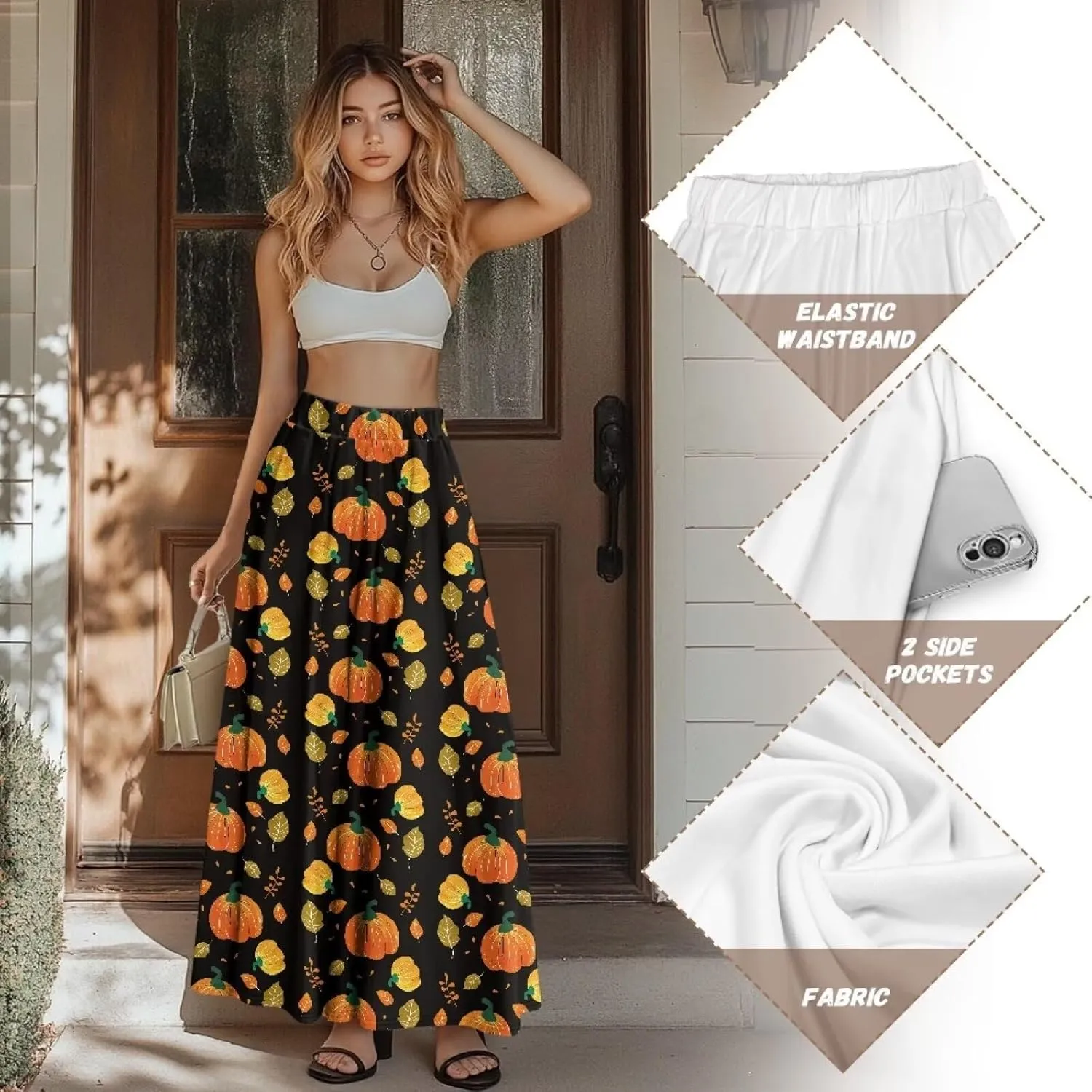Women's Midi Skirt with Pockets Elastic Waist Flowy Ruffle Casual Summer Boho A-line Skirts Size S-2XL
