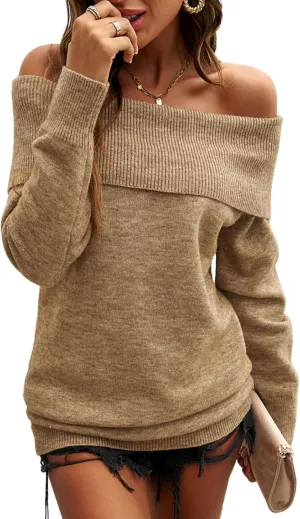 Womens Off Shoulder Sweaters Y2K Batwing Sleeve Casual Knit Pullover Sweater Date Night Blouse Jumper Tops